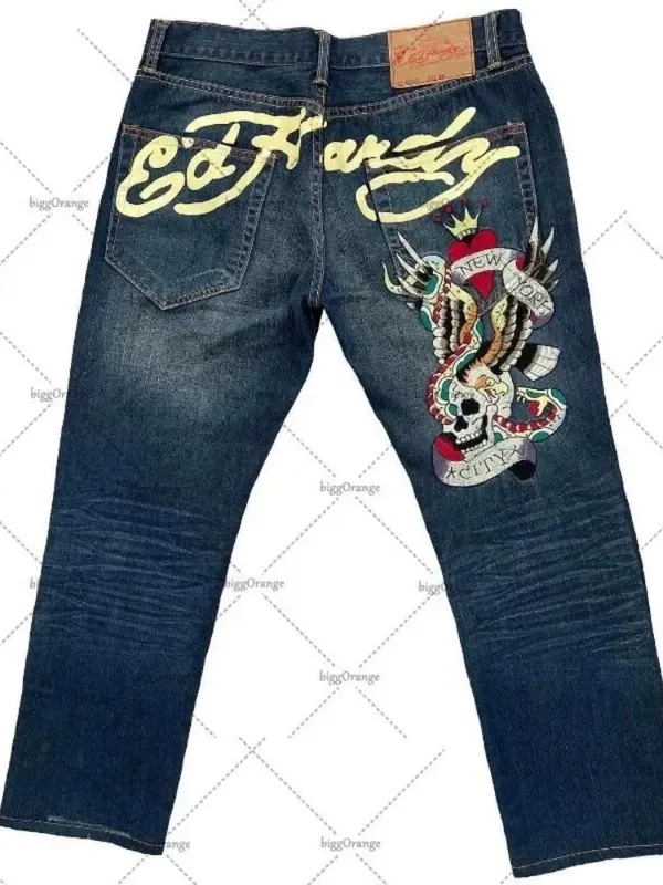 Mens Jeans Streetwear Y2K Vintage Straight Leg Denim Pants Skull Rose Flame Print Design Loose Fit Retro Punk Hip Hop Fashion — image 5