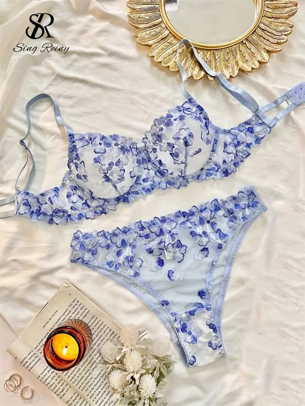 Διχτυωτό Sheer Εσώρουχα Δύο Κοστούμια Γαλλικά Floral Seusual Σετ Εσωρούχων Γυναικεία Κέντημα Σέξι Σετ σουτιέν και σλιπ — image 4