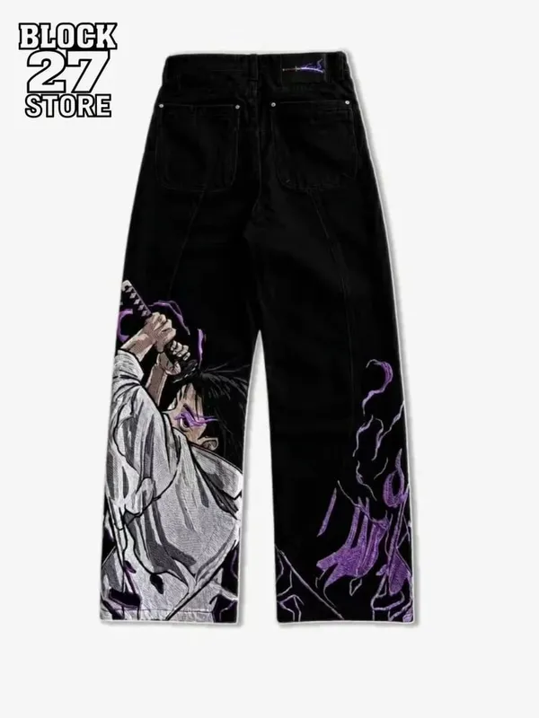 Mens Jeans Heavy Embroidery Streetwear Denim Pants Harajuku Unisex Loose Fit Wide Leg Anime Straight Leg Black Casual Fashion — image 2