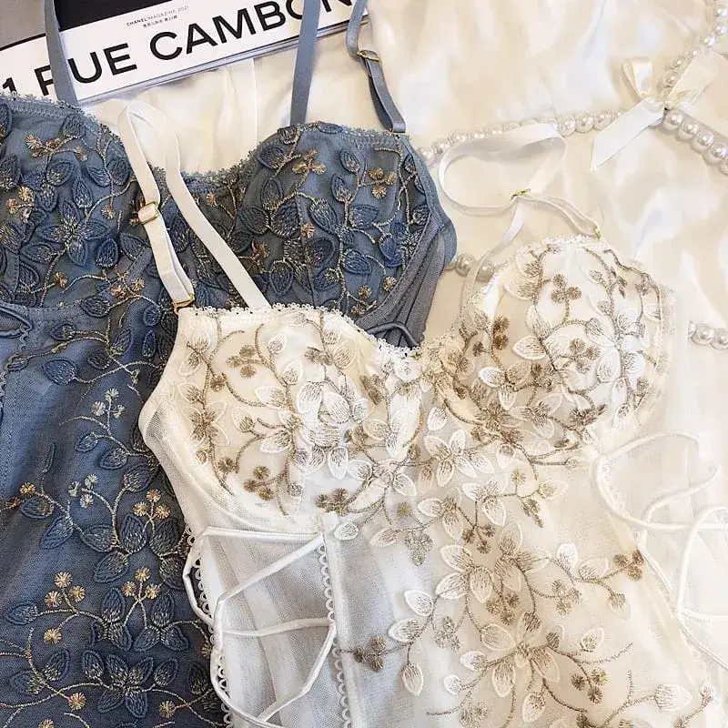 Three-dimensional embroidery flower petals lingerie soft steel ring one-piece bra set sexy strap open file shaping underwear — image 4