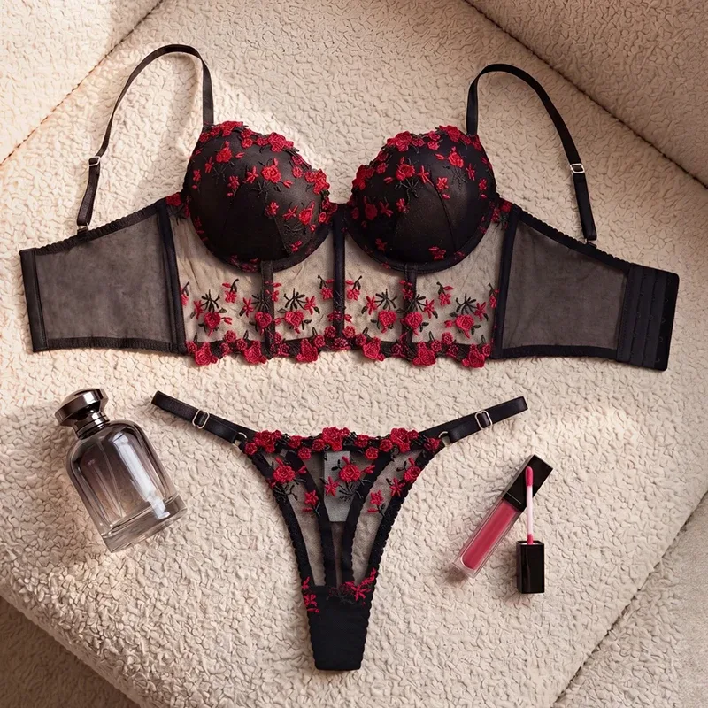 Women's Fishbone Bra Set Romantic Floral Embroidery Mesh Intimate Underwear Padded Push Up Brassiere&Thong 2 Pieces Lingerie Set