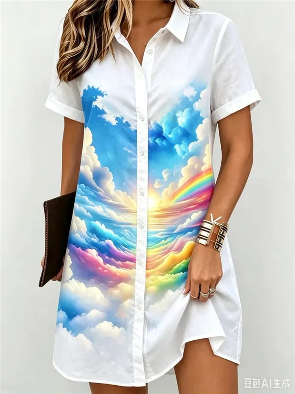 Fashion Colorful Clouds Pattern Women Shirt Dresses Short Sleeve 3d Print Lady Street Blouse Dress Turn-Down Collar Casual Dress — image 3