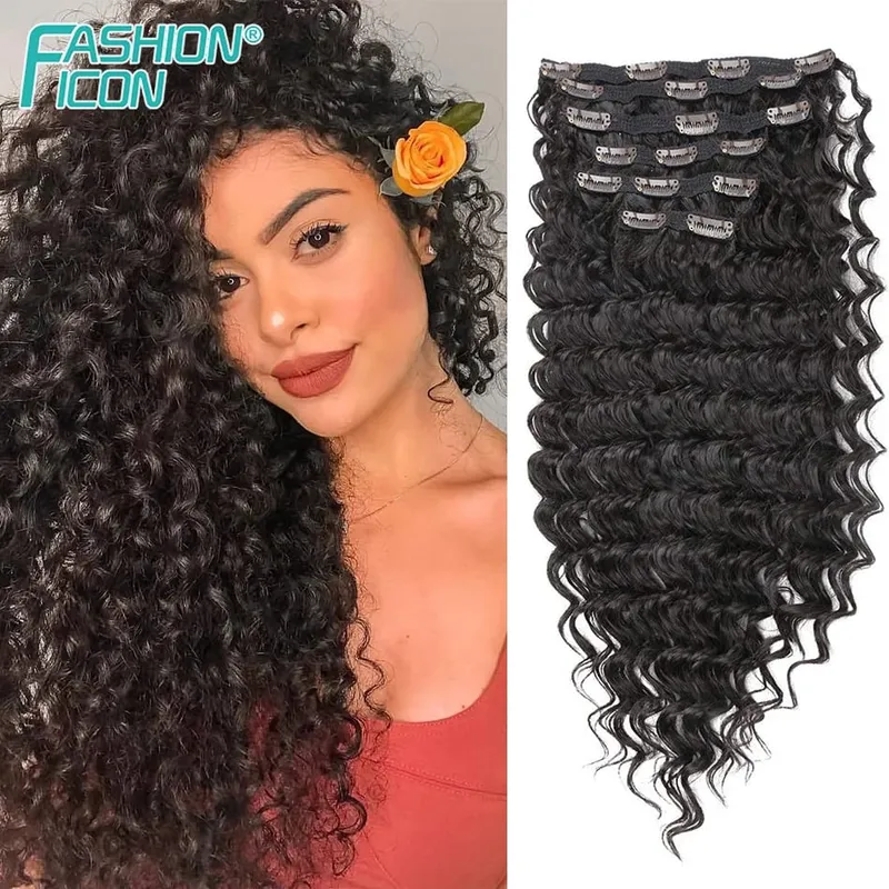 24 Inch Deep Wave Clip In Hair Extensions Synthetic Ombre 7Pc/140g Full Head Curly Hairpieces Heat Resistant Fake Hair for Women — image 11
