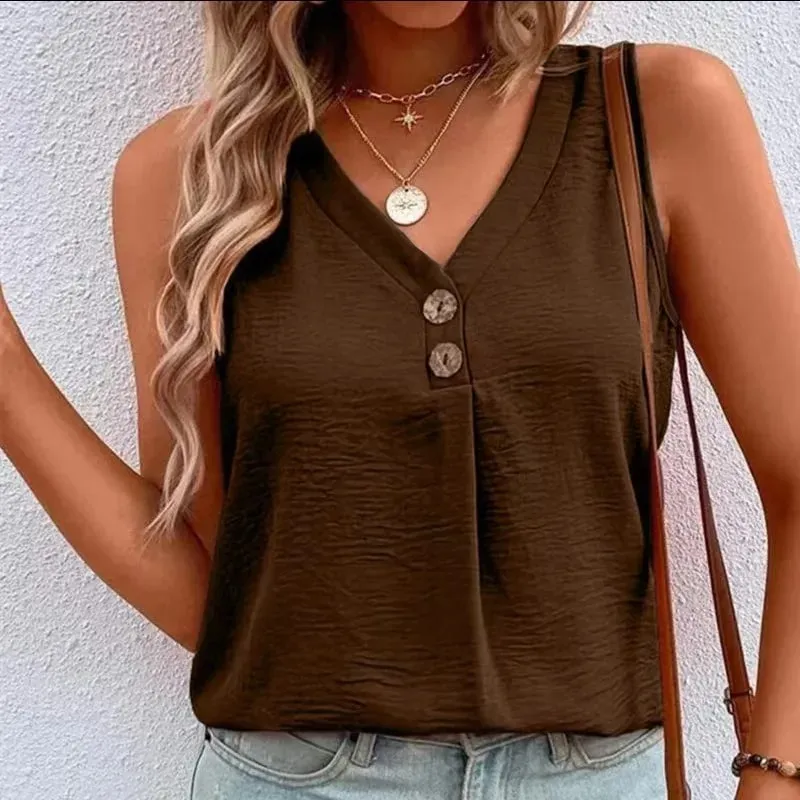Women's V-Neck Button Tank Top Summer Lightweight Breathe Casual Loose Sleeveless T-Shirt Office Lady Basic Top — image 5