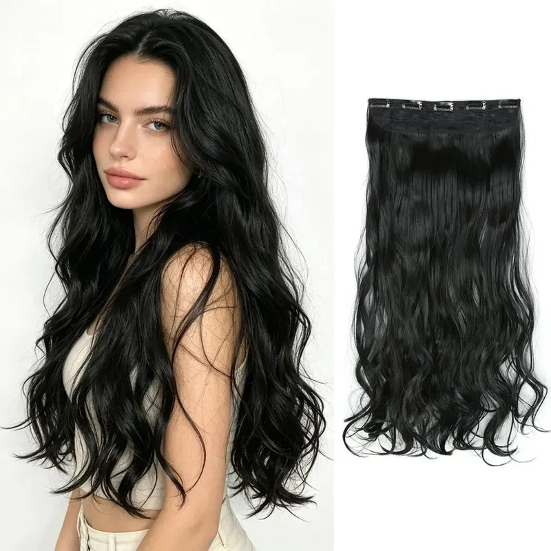 Synthetic clip in hair extensions 5 clips in one piece high temperature fiber wavy hairpieces for women daily party holiday
