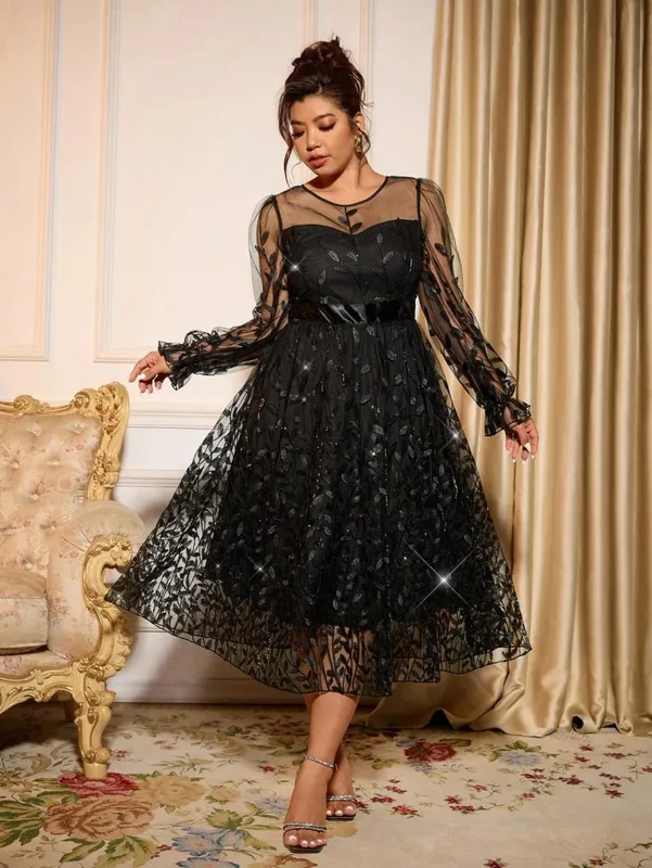 Sophisticated Dinner Dress with Sheer Sleeves and Sparkling Details for Galas — image 6