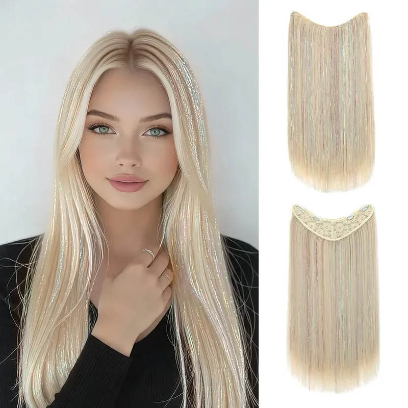 24Inch Synthetic Long Straight Clip‑in Hair Extensions Sparkling Tinsel Hair High‑Temp Fiber Hairpiece for Women Party Cosplay — image 9