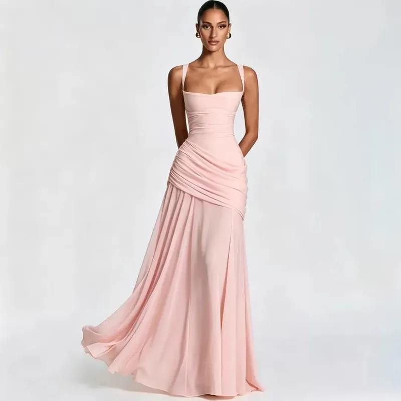 Sexy Solid Pleated Sling Dress Women Elegant Square Neck Sleeveless Waist-cinching Maxi Dresses 2026 New Summer Lady Party Robe — image 2