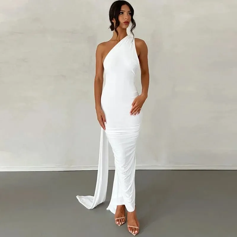 Women's One-Shoulder Sleeveless Maxi Dress Adjustable Scarf Loop Ruched Backless Bodycon Festival Party Outfit Elegant Long Gown