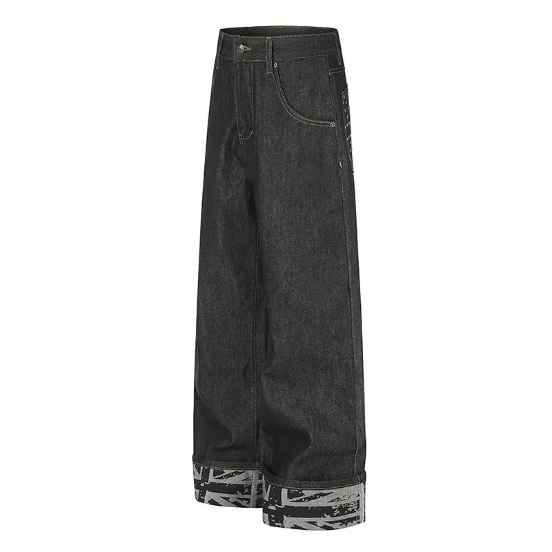 Men Raw Denim Wide‑Leg Jeans Rivet Decor Back Pockets Cuffed Hem Print Punk Streetwear Straight Long Pants 9X4317 — image 3