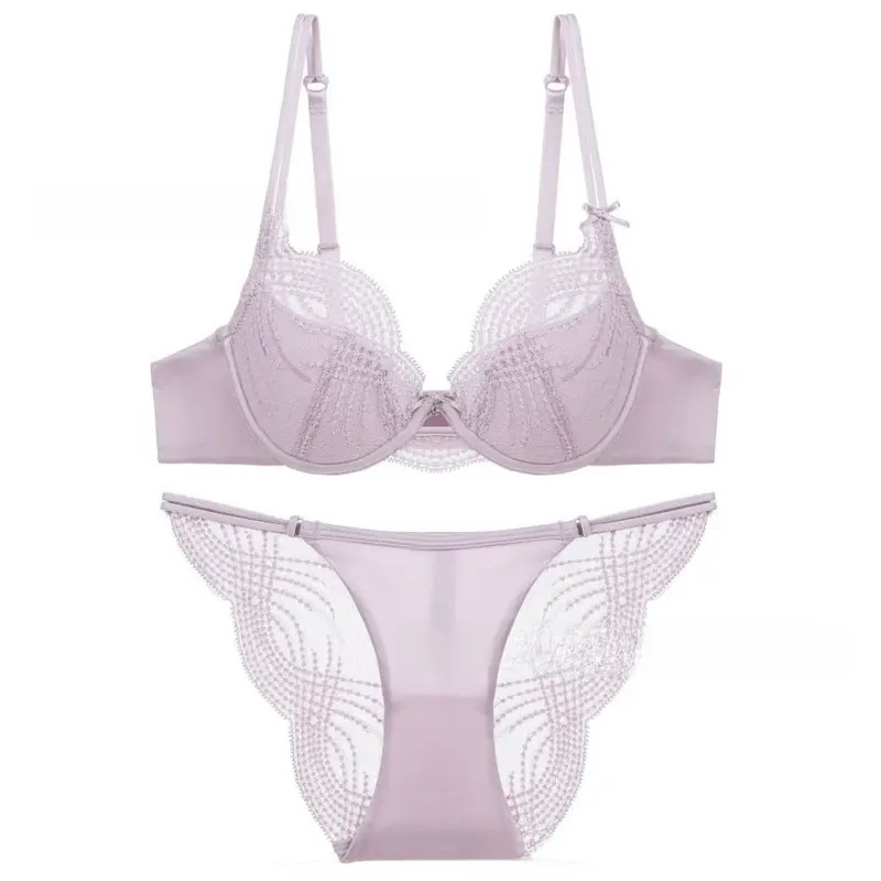 Hollow Thin Cup Women Lingerie Set Seamless Silk Satin Lace Embroidery Lingerie French Style Push Up Bra Set Women Intimates