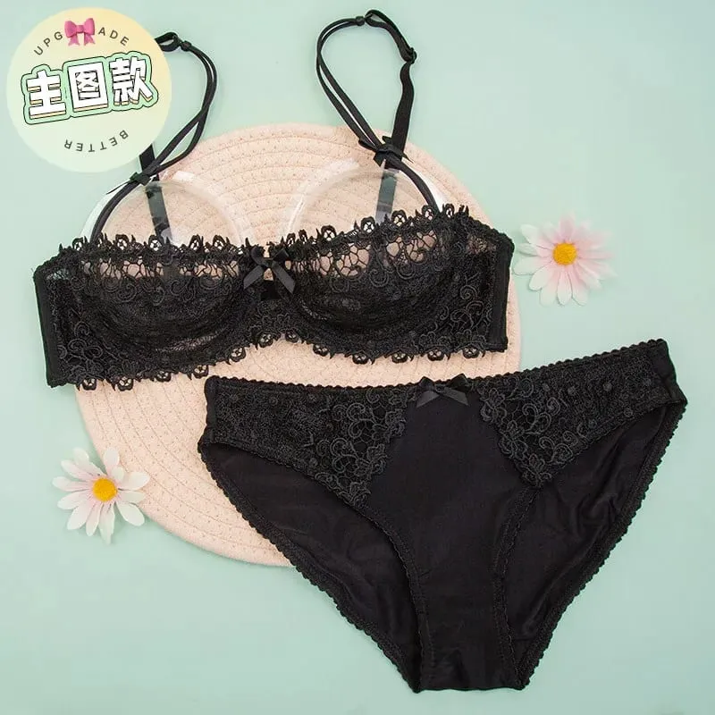 Sexy Lace Bra Set Women Plus Size Sheer Half Cup Push Up Lingerie Ultra Thin Transparent Concealed Nipple Underwear Hot — image 11