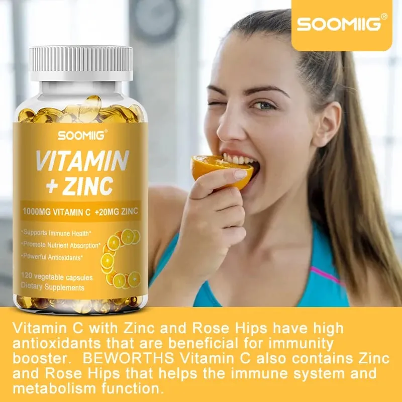 Soomiig Vitamin C with Zinc Capsules Vitamin C 1000MG Zinc 20 Mg for Immune Support Powerful Antioxidant & Energy Production