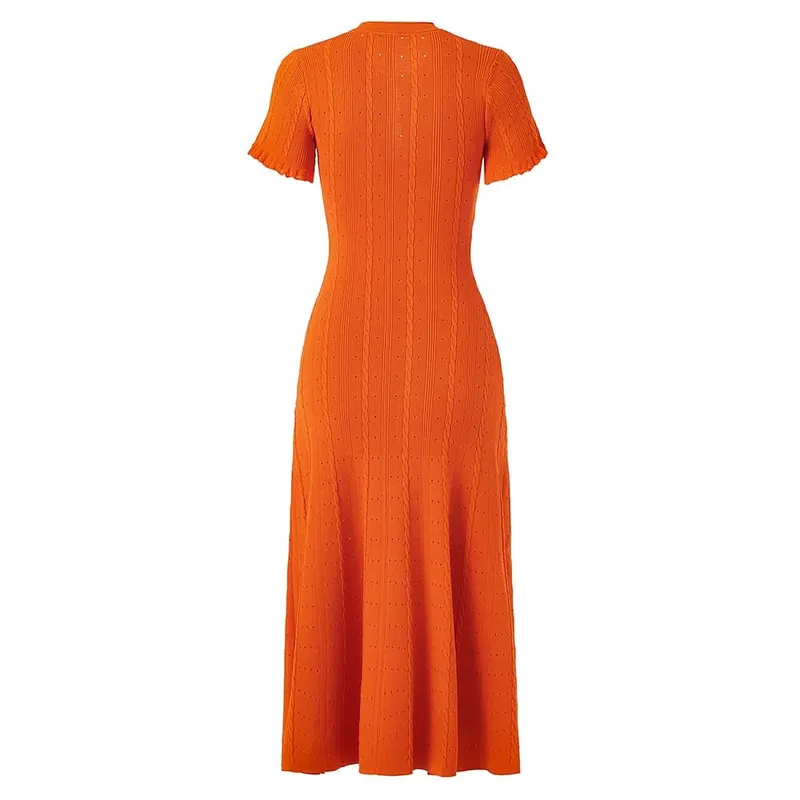 Summer Elegant Lady Knitted Single Breasted Long Dresses Women Solid Short Sleeve O Neck Button Bodycon Party Female Vestidos