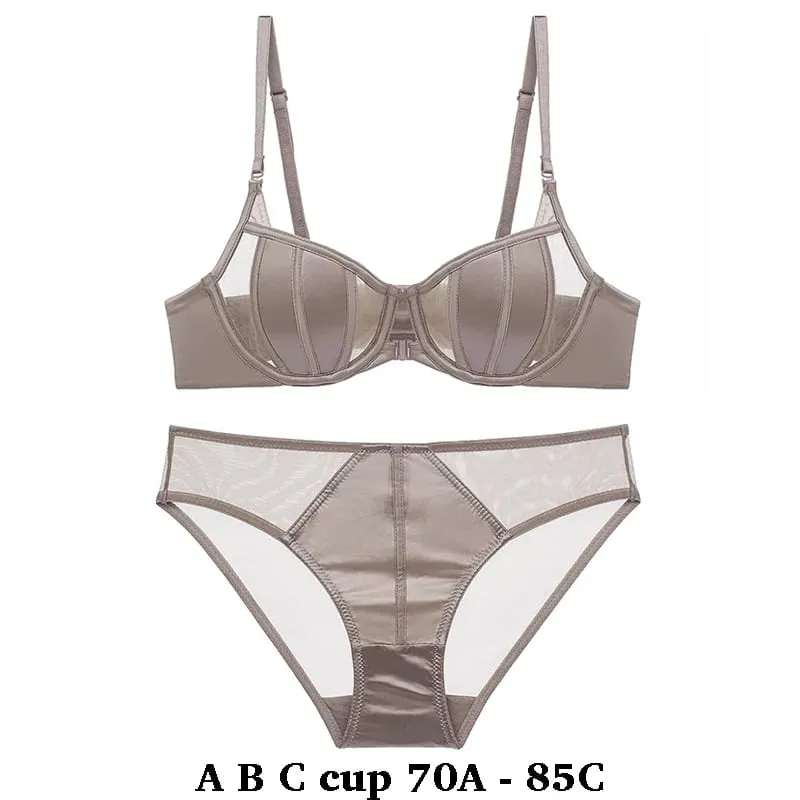 high quality satin sexy women bras and brief set push up A B C cup front closed wire summer lingerie underwear black white khaki — image 2