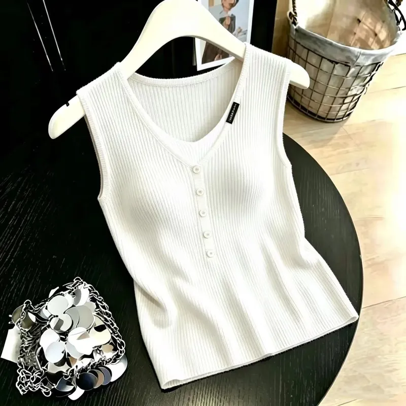 zjaiss Color Block Versatile V Neck Camis 2026 Summer Ice Silk Women Camisole Thin Layer Outer Wear Fake Two Piece Knit Tank Top