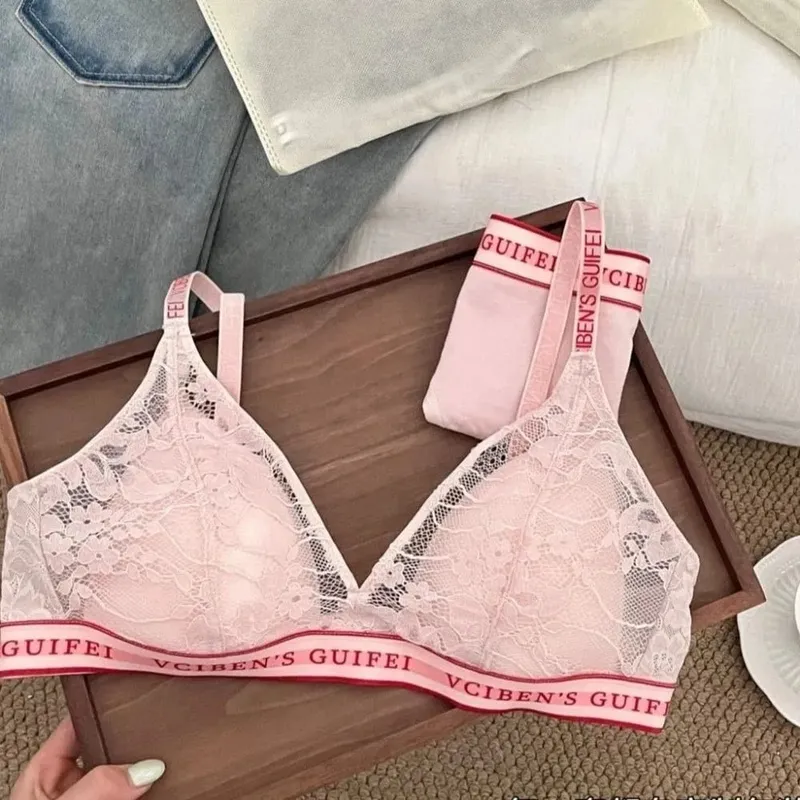 Bra Suit Letter Design Lingerie Set Lace Wireless Women Underwear Suit Deep V Color Blocking Bra Panties Set Famle — image 3