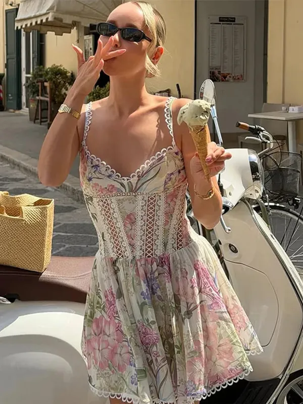 Floral Print Lace Patchwork Mini Dress Sleeveless Flared Hem Waist-cinching Spaghetti Strap Dresses Summer Chic Elegant Gown