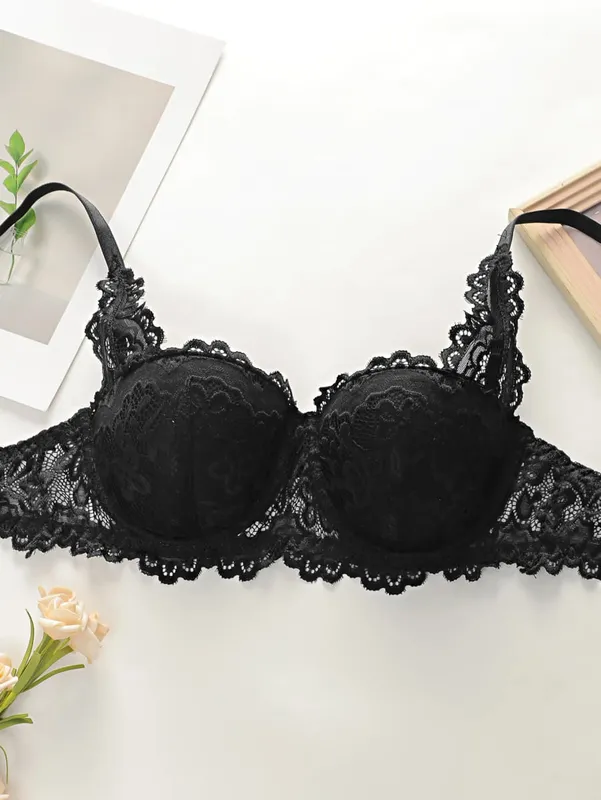 fashion Black bow lace thong set solid color daily 2-piece set sexy underwear set push up bra set B1111 — image 3