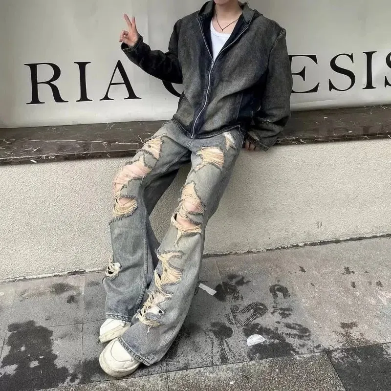 Men's Jeans Relaxed Fit Distressed Ripped Denim Pants Streetwear Summer Man Pants Washed Vintage Wide Leg Holes — image 5