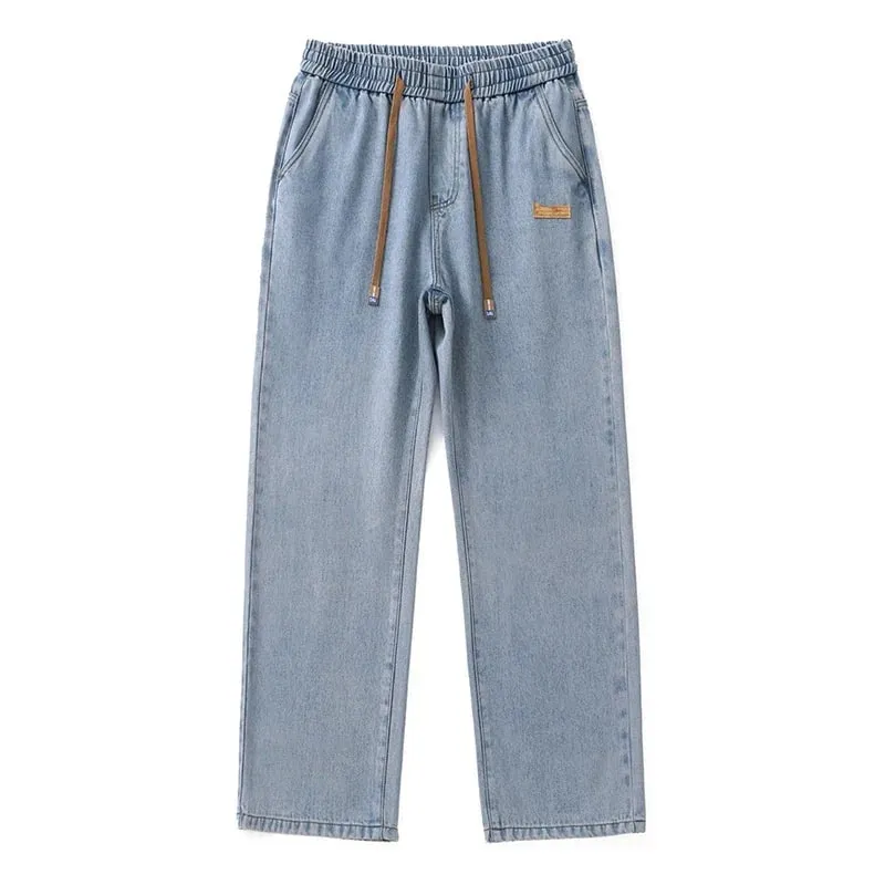 Homens azul escuro azul estiramento cintura elástica calças jeans streetwear solto calças de comprimento total em linha reta perna larga com cordão jeans — image 11
