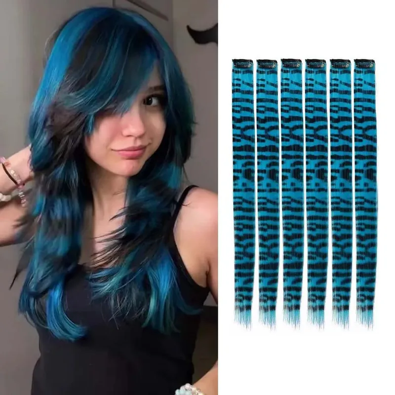 6pcs/set Stripe Printed Hair Colorful Long Straight Hair Piece Synthetic Clip-in Hair Extensions Daily Party Halloween Christmas — image 9