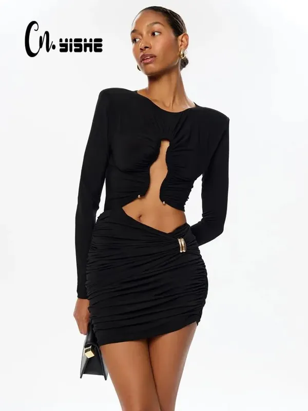 O Neck Hip Wrap Women Dresses Long Sleeve Hollow Out Fashion Sexy Club Skinny Solid Hip Wrap Bodycon Female Elegant — image 1