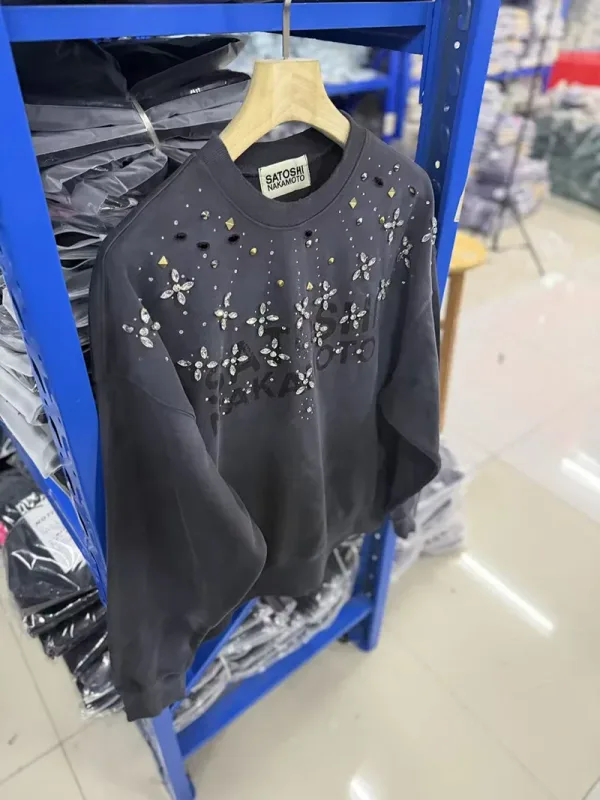Letters Logo Rhinestone Rivet Satoshi Nakamoto Sweatshirts Men Women Streetwear Vintage Washed Charcoal Gray Green Pullovers Tag — image 11
