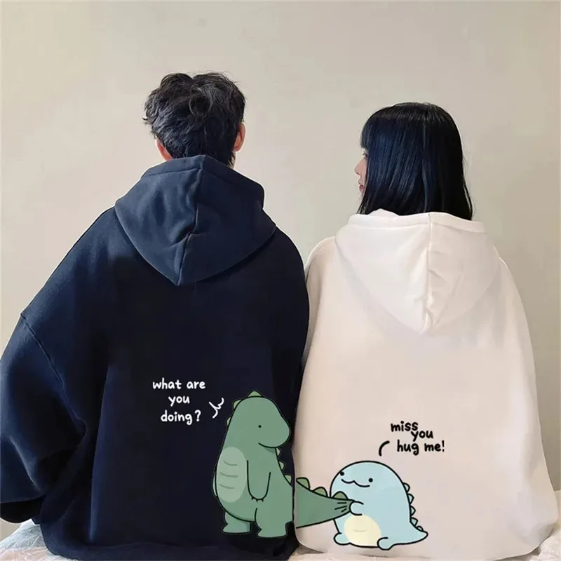 Höst och vinter Söt rock dinosaurie modetryck för män Casual Harajuku Y2k tecknad huvtröja för par som present till par — image 5