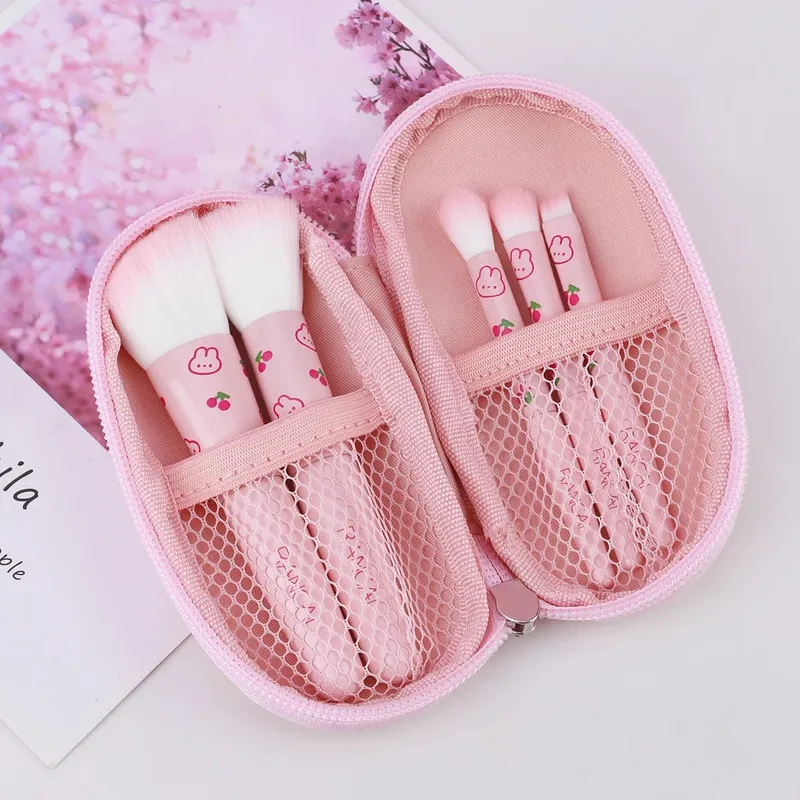 Conjunto de pincéis de maquiagem compacto, 5 peças, bonito, com estojo, pincel premium para base impecável, blush, sombra, aplicação, ferramentas de beleza — image 2