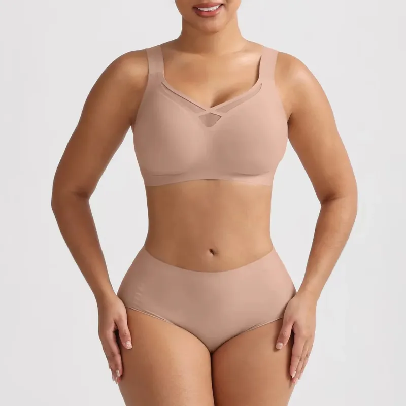 Plus Size Lingerie Set Sexy Mesh Seamless Wireless Plunge Bra Set - Soft Support Push up Lingerie for Women