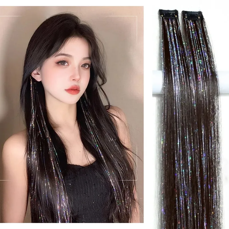 Shiny Sparkle Hair Extension Clip In Hair Tinsel Glitter Fairy Hair Tinsel Kit Heat Resistant 2Pcs Hair Streak Synthetic Hair — image 6