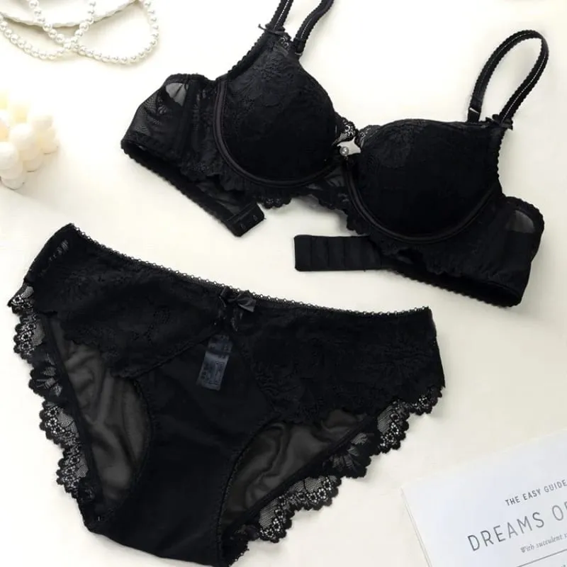 French Thin Cup Women Underwear Set Sexy Lace Flowers Embroidery Bra Summer Violet Comfort Push Up Bra and Panties Lingerie Sets