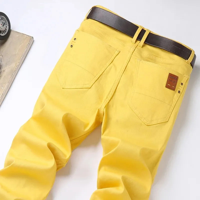 Spring New Men's Red Elastic Jeans Korean Slim Straight Leg Wash Denim Pants Comfortable Soft Casual Trendy High End Trousers