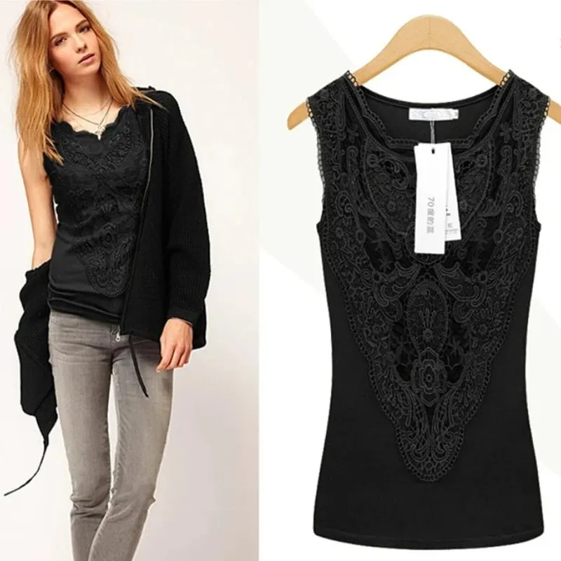 New Women shirt Casual Sexy Lace Tops Slim Vest Bottoming — image 2
