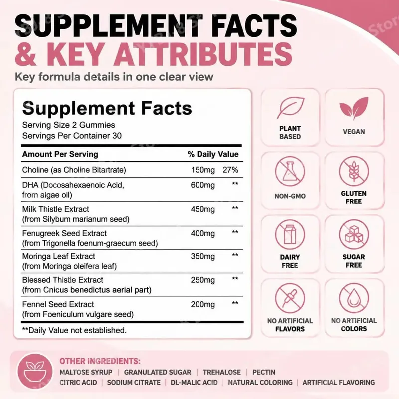 Googeer Lactation Support Gummies with DHA and Choline Fenugreek and Fennel Extract Moringa for Postnatal Nutrition 60 Gummies — image 3
