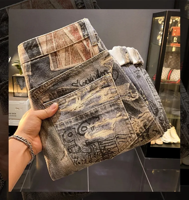 American high-end retro printed design jeans men's 2025 autumn new cool and loose straight leg long pants — image 9
