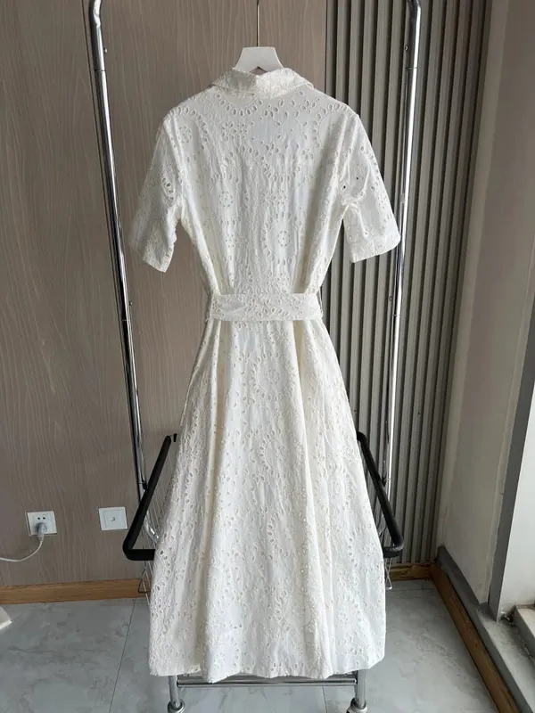 ETJ 2025 new women's elegant fashion hollow embroidery cotton shirt lapel short-sleeved dress temperament long skirt — image 6