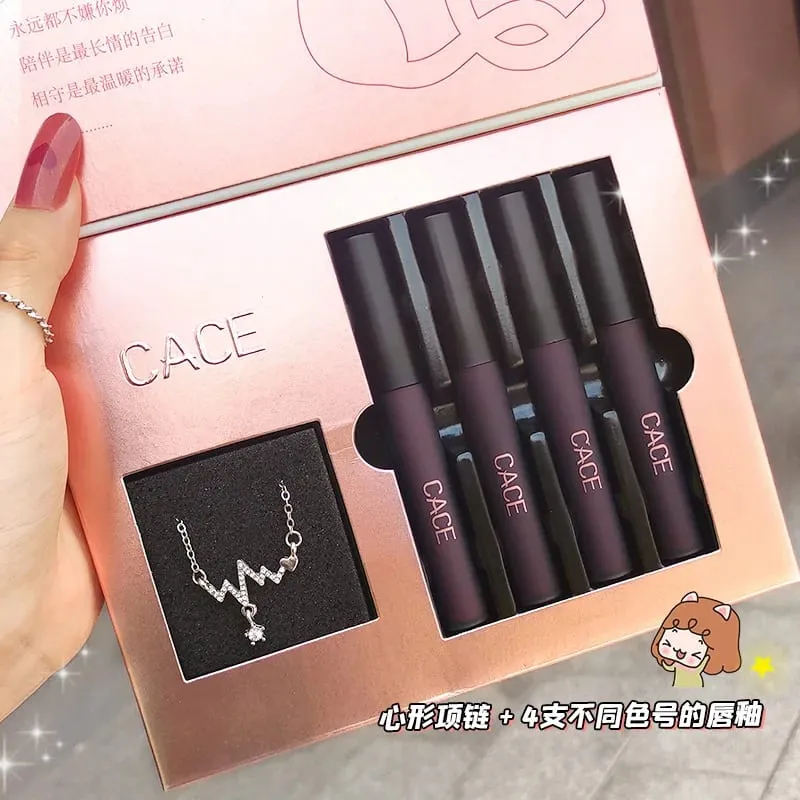 4 Stück flüssige Lippenstift-Make-up-Sets, matt, roter Farbton, Lipgloss, langlebig, wasserdicht, Lippenfleck, Kosmetik, mit Halskette, Geschenk — image 2
