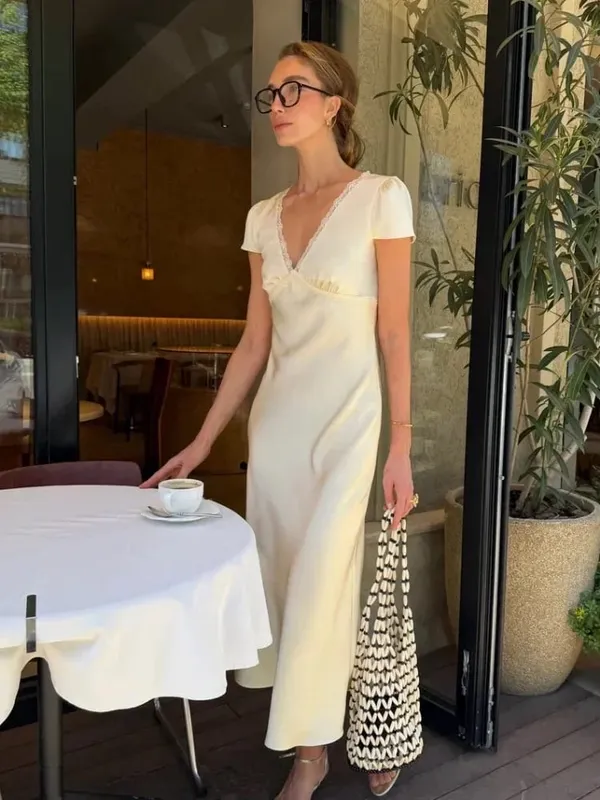Women Elegant Satin Lace Trim Midi Dress Solid Lace Patchwork Short Sleeve V-neck Summer Dresses 2026 Summer New Holiday Robes — image 2