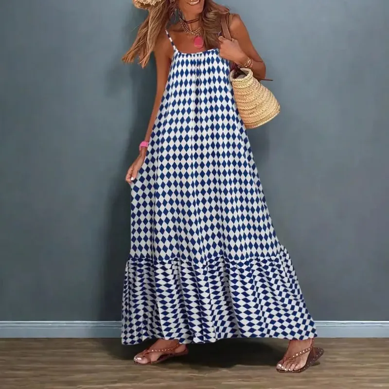 Women Bohemian Vest Dress Slipper Matching Dress Boho Floral Tiered Maxi Dresses for Women Summer Flowy Backless for Wardrobe — image 1