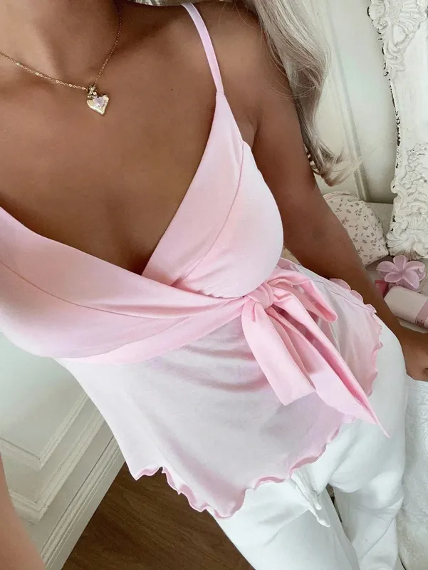 Women's Sexy Backless Side Tie-Strap Decor V-Neck Ruched Hem Cami Top Casual Slim Fit Solid Color A-Line Top Summer 2026 — image 9