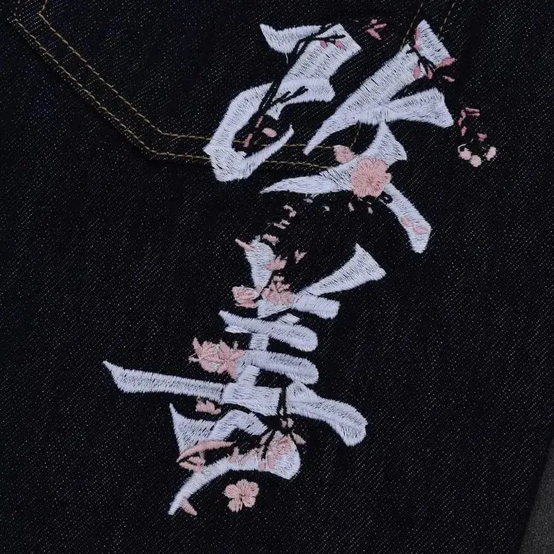 black jeans Harajuku hip hop Fromszn raw baggy jeans Y2K embroidery retro art font unisex woven washed patchwork wide leg pants — image 2