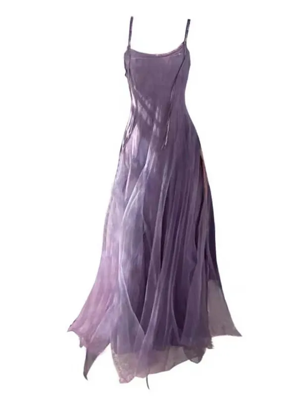 Slimming Effect Purple Mesh Ankle-Length Dress with Strap for plus Size Women Conceals Belly A-Line Gown Korean Style Commute...