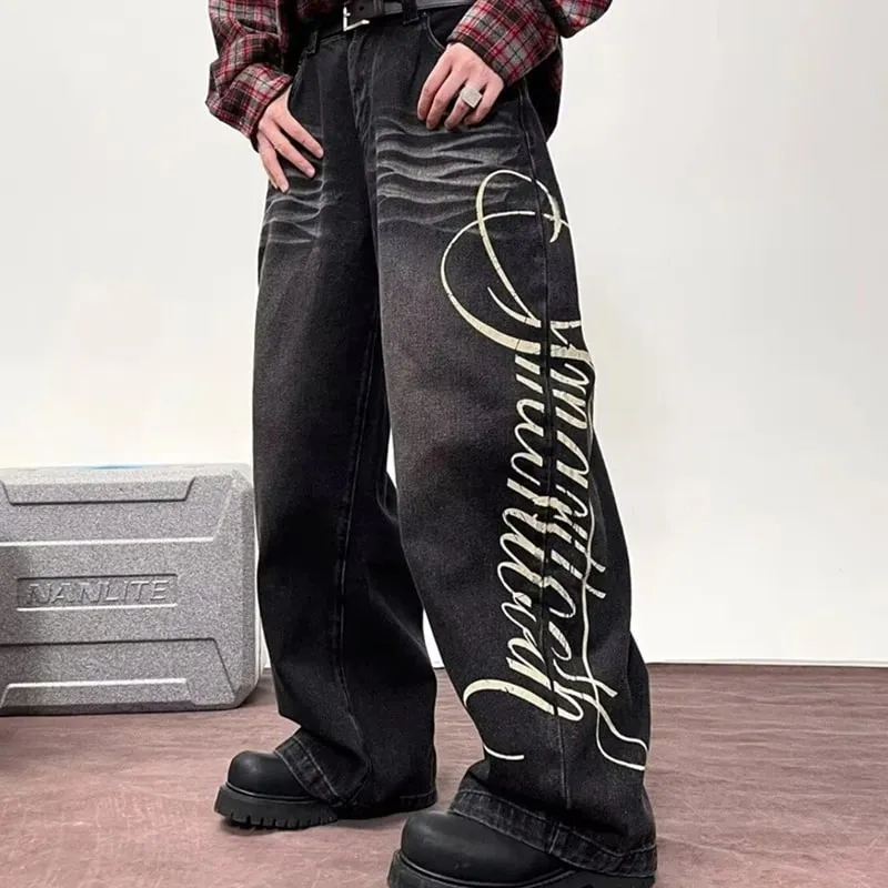 Autumn Men's Letter Printed Straight-Leg Baggy Jeans Hip Hop Fashion Washed Denim Pantalones American Retro Y2K Streetwear Jean — image 7