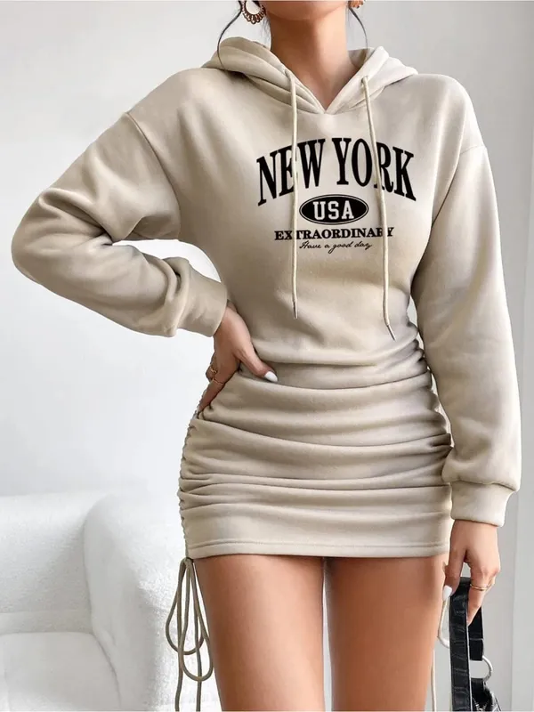 Women's Rest Elegant Hooded Strap Long Sleeve Letter Printed Solid Color Waist Skirt Strap Dress Mini Skirt Length — image 3
