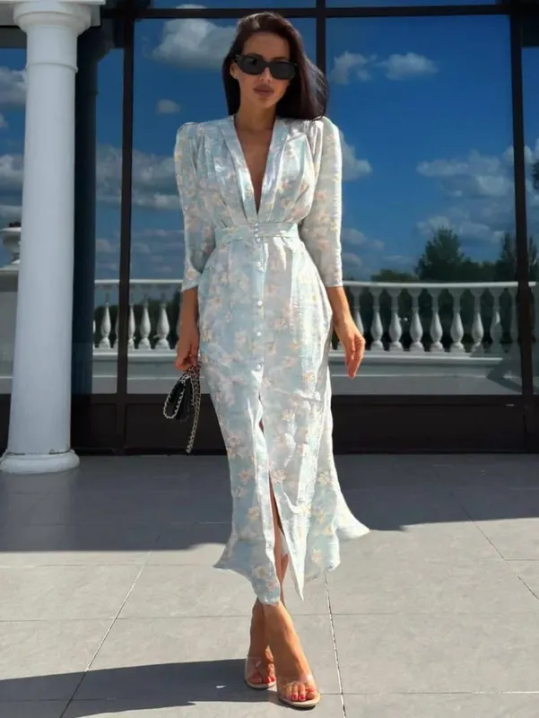Chic Puff Sleeve Flora Printed Maxi Dress V-neck Waist Cinching Split Elegant Women's Dresses for Party 2026 Female Clothing New — image 11