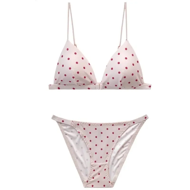 Women Wireless Bra Retro Polka Dot Triangle Cup Bralette Set Front Closure Bikini Style Comfort Push Up Elegant Underwear Set — image 5