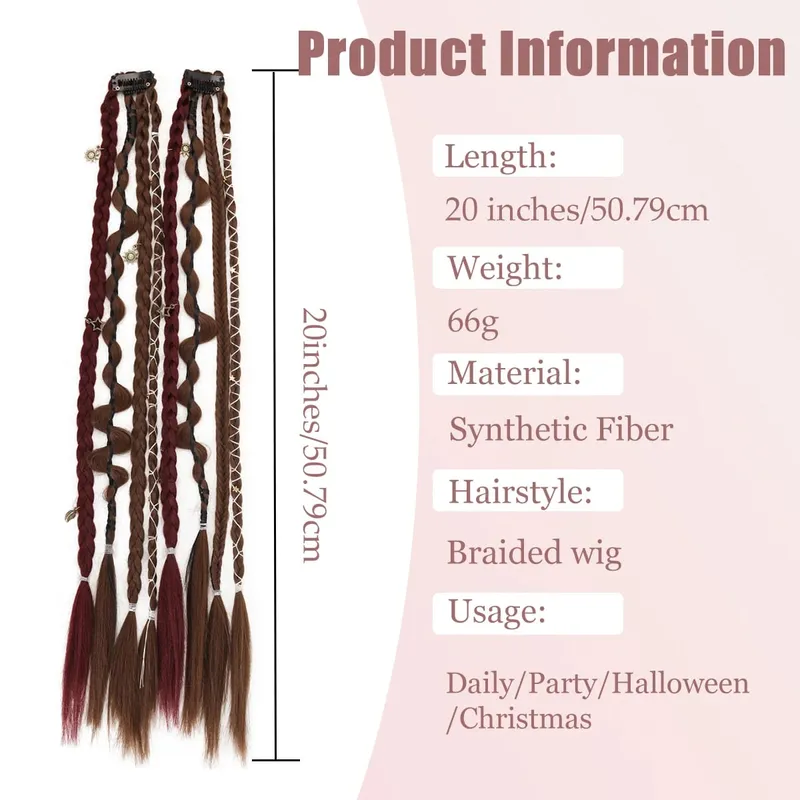20 Inches Bohemia Clip in Hair Extensions Handmade Synthetic Weaving Clip-on Long Braid Fairy Hair Extensions for Women — image 4