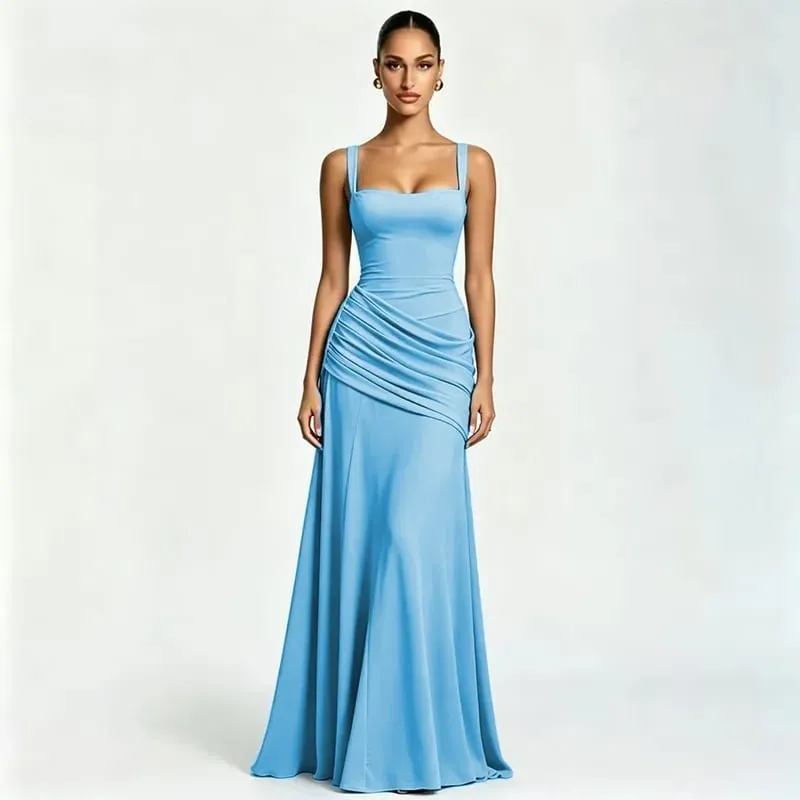 Sexy Solid Pleated Sling Dress Women Elegant Square Neck Sleeveless Waist-cinching Maxi Dresses 2026 New Summer Lady Party Robe — image 12